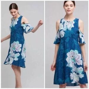 Anthropologie Maeve Elia Teal Floral Cold Shoulder Flutter Sleeve Midi Dress, 8